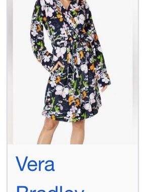 Vera Bradley Navy Floral Wrap Robe with Pink, Green & Orange Accents w slippers
